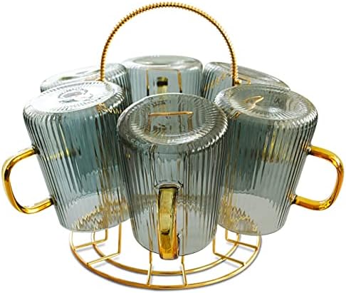 Часова XJhoma Златисти Метални Куки за кръгли Steins, Стойка за съхранение на домашна Кухня и 6 бр. кафе Чаени чаши [Набор от съдове
