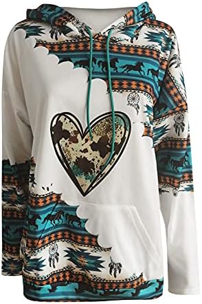 mmknlrm/ Дамски Hoody с качулка с Етнически принтом, Ежедневни Блузи с дълъг ръкав и кръгло деколте и джобове, Дамски Топ (Зелен, S)