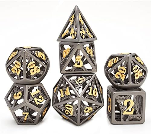 Комплект метални кубчета DND, 7 бр., набор от кухи медни кубчета, подходящи за ролева игра Dungeon и Dragon Dice и други игри на зарове (черни чанти за съхранение се предоставят
