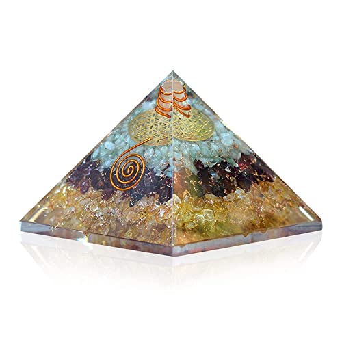Трехслойная парична пирамида от оргонита със зелен авантюрином, Червен гранат и цитрином допринася за богатството и просперитета.