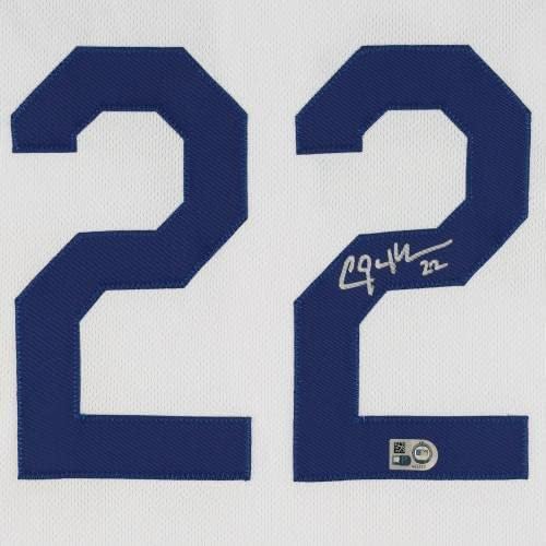 Бяла Риза Найки Authentic с автограф Клейтона Kershaw Лос Анджелис Доджърс В рамка - Тениски MLB с автограф