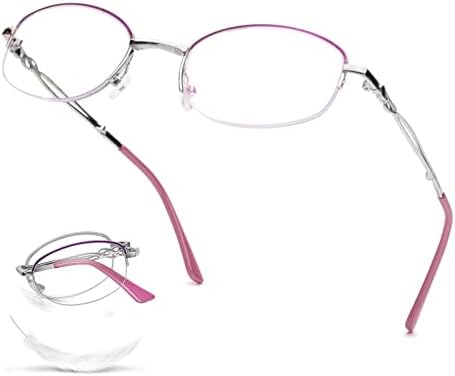 Полукадровые Овални Очила за четене за Жени, Сребристи Метални Сгъваеми Очила за четене 1,0 1,5 2,0 2,5 3,0, Блокер Синя Светлина