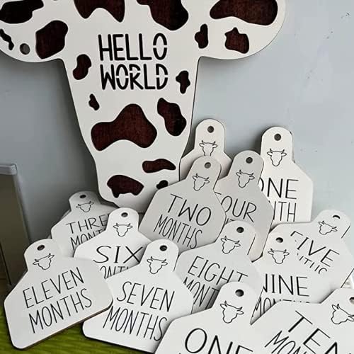 Карта VumSyme Cow Baby Milestone Cards 3D Дървена Етикет За Новородени Крави Месечни Картички С Надпис Обява За Раждане на Кафе Цвят, 14шт