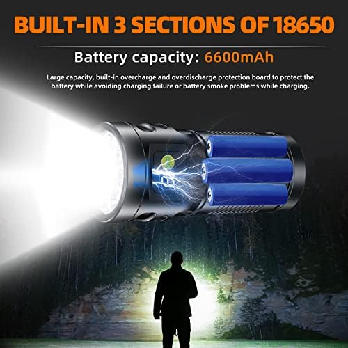 Акумулаторна тактически фенер с висока яркост - 6500 Лумена, водоустойчив led фенерче, 8 режими, задвижвани от вградени 3 батерии -6600 ма - Супер ярка светкавица за спорт н
