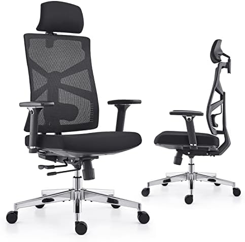 Ергономичен Офис стол HOLLUDLE с Адаптивни облегалка, Компютърен стол за десктоп с висока облегалка, 4D Подлакътници, Регулируема на Дълбочина седалка, Лумбална опора и
