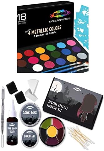 Боя за лице Mosaiz 18 Цвята, включително 4 Метални цветове, Комплект Четки и Шаблони, комплект за грим, SFX, комплект за грим със