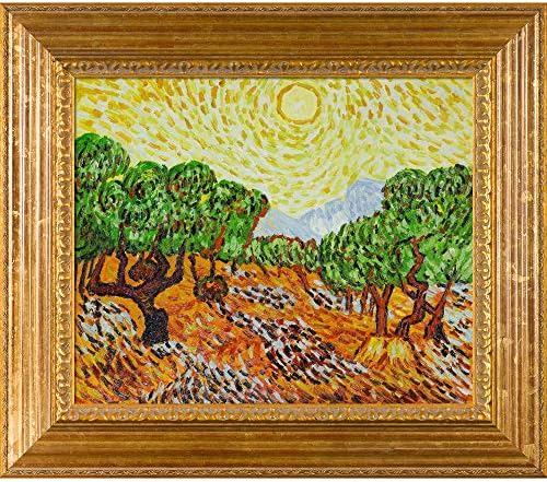 Картина на Винсент Ван Гог и Маслинови дървета, с жълто слънце и небе в рамка, Ръчно Рисувани с маслени бои върху платно, Не се