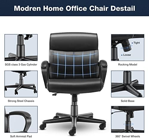 Стол за домашния офис - Стол за управител със средна облегалка, Регулируема Стол за Компютър, бюро с Лумбална опора, Меки подлакътник,