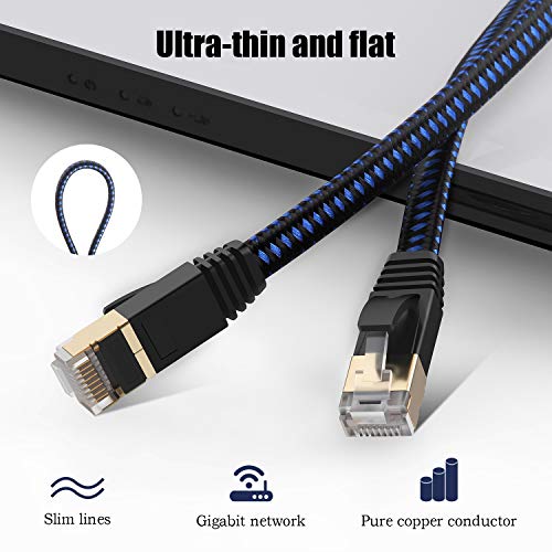 Ethernet кабел Cat 7 6 фута в Найлонов Оплетке, Сверхпрочный Високоскоростен Кабел Cat7, Екраниран Gigabit Плосък Кабел Cat7 RJ-45