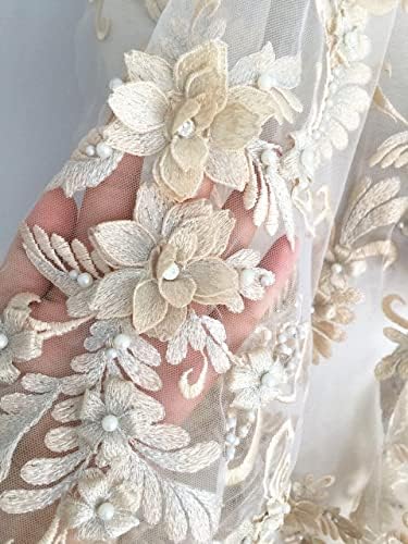Лейси Плат Pumfabric за сватба, Луксозни Лейси Плат с 3D Перлата на Перли, Бродерия на Цветя, цвят Шампанско, висшата мода, Плат