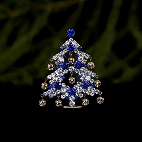 Елегантен ослепителна коледна елха (синята), малка настолна коледно дърво, за ръчна работа с прозрачни и сини кристали, които бяха
