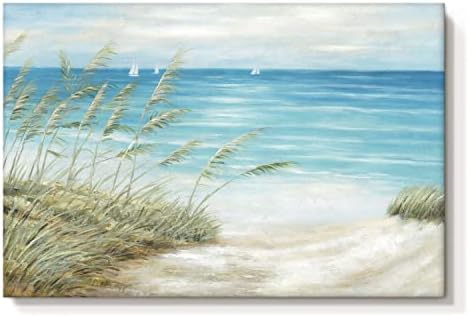 Плажен Крайбрежен Платно Стенно Изкуство: Ръчно Рисувани Морски Тръстика Реколта Абстрактна Синя Океанская Лодка Морски Картини