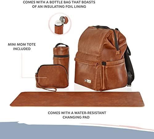 Раница-чанта за памперси на Хана & Sophia Soho Traverse цвят Коняк, Голямо пространство за съхранение, В комплект Водоустойчив шкаф за свободни и мини чанта за майките, Лесно